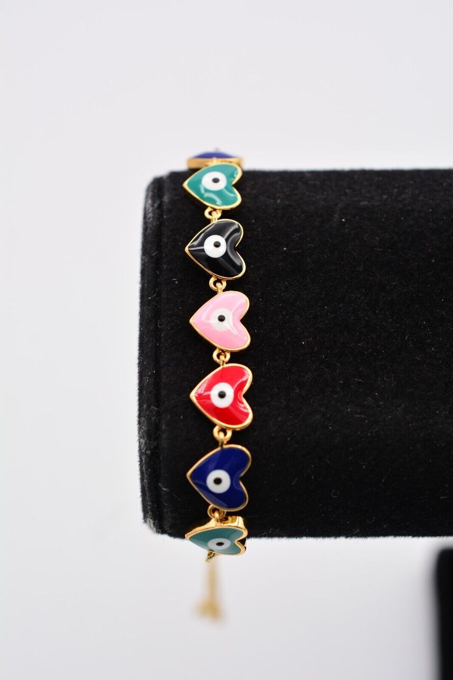 Evil Eye Lariat Bracelet Heart Multi-Color Enamel Gold Tone Chain Shiny BinAW